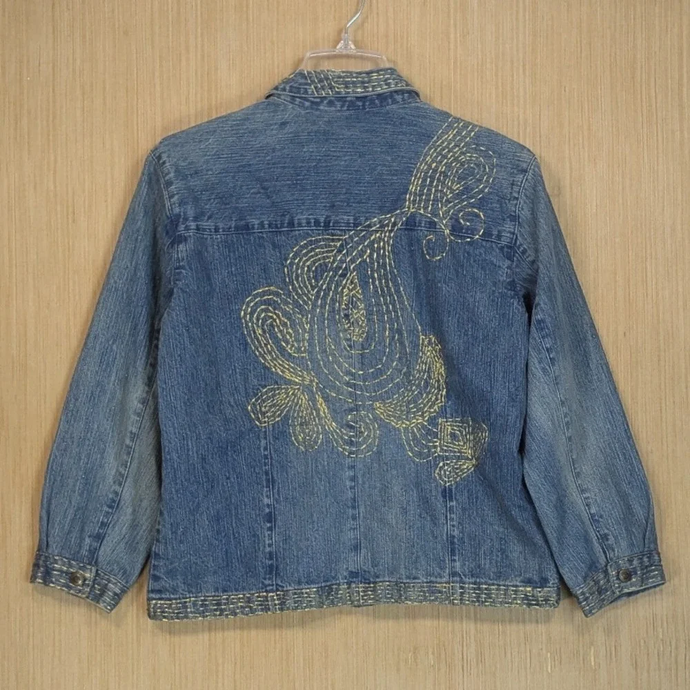 Chicos Denim Blue Jacket Womens Medium Metallic Gold Embroidery Baggy Oversized - Picture 3 of 6